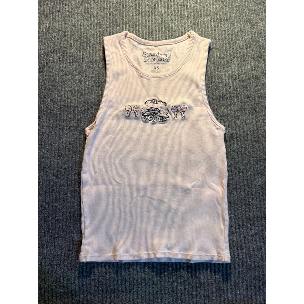 Strawberry Shortcake Pink Ribbed Tank Top Embroidered Bows XS Cotton Sleeveless